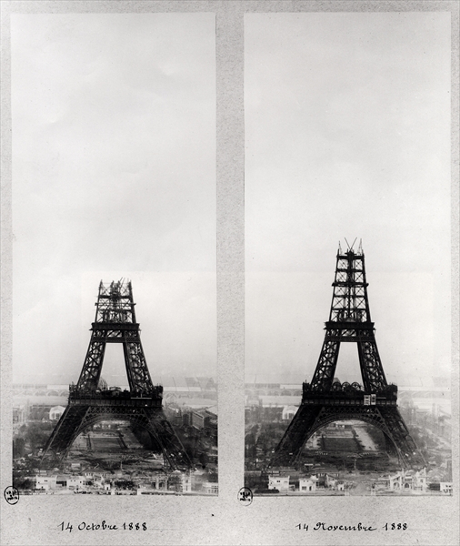 Two views of the construction of the Eiffel Tower, Paris, 14th October and 14th November 1888 (b/w p à École française