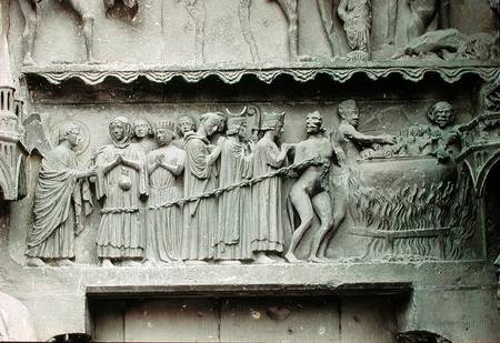 Tympanum from the left portal of the north transcept depicting the Last Judgement, detail of the dam à École française