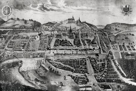 View of the chateau and town of Joinville from a painting of 1639 à École française