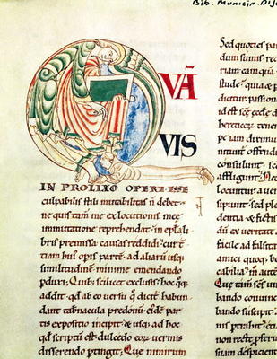 Ms.173 Fol.6 v. Initial 'Q' depicting a monk and an angel, from Moralia in Job by Pope Gregory the G à Ecole Française, (12ème siècle)