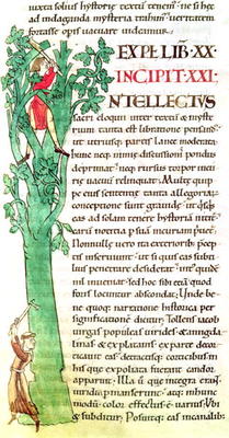 Ms 173 f.41 Historiated inital 'I' depicting a monk and a lay chopping and pruning a tree, from Mora à Ecole Française, (12ème siècle)