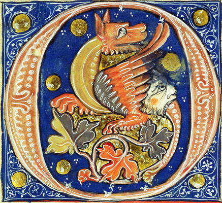 Historiated initial 'O' depicting a winged griffin (vellum) à Ecole Française, (14ème siècle)
