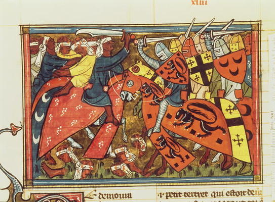 Fr 22495 f.43 Battle between Crusaders and Moslems, from Le Roman de Godefroi de Bouillon (vellum) à Ecole Française, (14ème siècle)