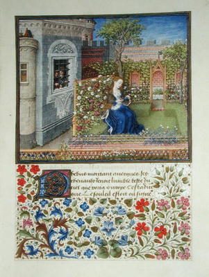 Ms 2617 The prisoners listening to Emily singing in the garden, from La Teseida, by Giovanni Boccacc à Ecole Française, (14ème siècle)