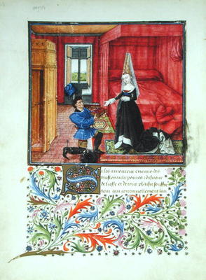 Ms 2617 The scribe dedicating La Teseida to an unknown young woman, from La Teseida, by Giovanni Boc à Ecole Française, (14ème siècle)