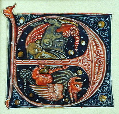Two winged grotesques (vellum) à Ecole Française, (14ème siècle)