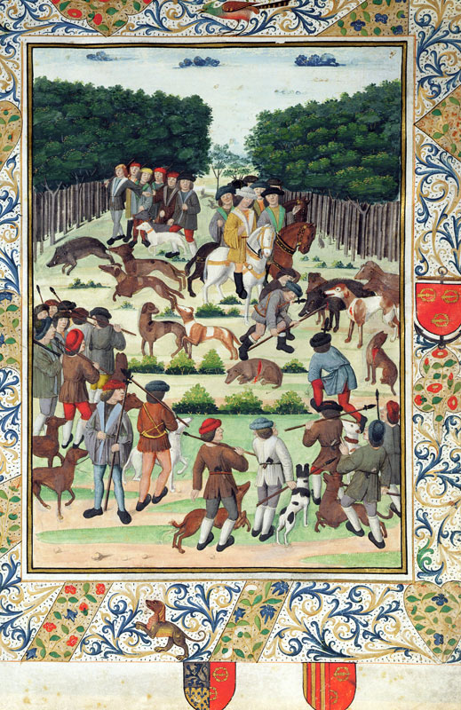 Louis Malet (1441-1516) Seigneur de Graville, hunting wild boar, from the 'Terrier de Marcoussis', 1 à Ecole Française, (15ème siècle)