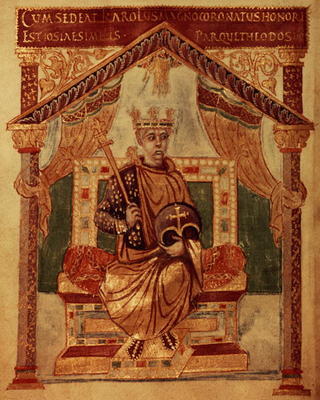 Lat 1152 f.3v Charlemagne (Carolus Magnus, Charles the Great) (747-814) King of the Franks and Chris à Ecole Française, (15ème siècle)