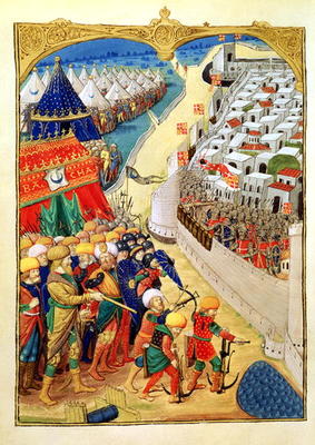 Lat 6067 f.55v The Turkish forces preparing for battle outside the walls of Rhodes in 1480, from 'A à Ecole Française, (15ème siècle)