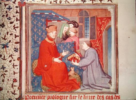Ms Fr 131 f.1 Jean (1340-1416) Duke of Berry Receiving a Manuscript from Boccaccio, from 'Cas des No à Ecole Française, (15ème siècle)