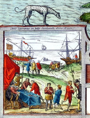 Detail of a view of the port of Cadiz showing trade with the West Indies, 1565 (colour litho) à Ecole Française, (16ème siècle)