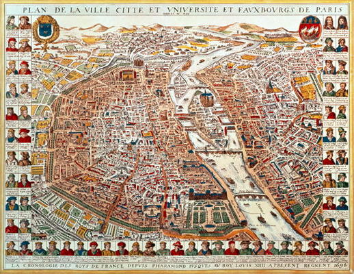Plan of Paris, bordered by a chronological series of portraits of the kings of France from Pharamond à Ecole Française, (17ème siècle)