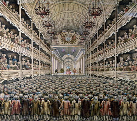 A French Theatre (colour engraving) à Ecole Française, (18ème siècle)