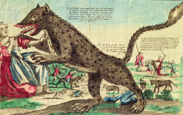 Attacks by the beast of Gevaudan in 1764 (colour engraving) à Ecole Française, (18ème siècle)