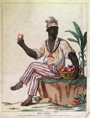 'I am Free', allegory of the first liberation of slaves in the Antilles, c.1794 (colour litho) à Ecole Française, (18ème siècle)