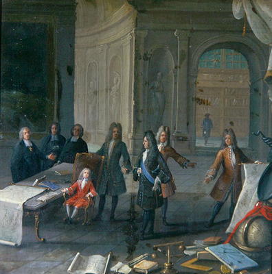 Louis XIV attending a lesson of his great grandson, the future Louis XV, c.1715 (oil on canvas) à Ecole Française, (18ème siècle)