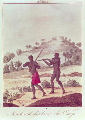 Slave Trader in the Congo (coloured engraving) à Ecole Française, (18ème siècle)