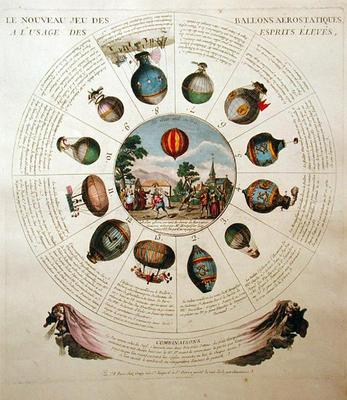 The Ballooning Game, with illustrations of different hot air balloons, c.1784 (coloured engraving) à Ecole Française, (18ème siècle)