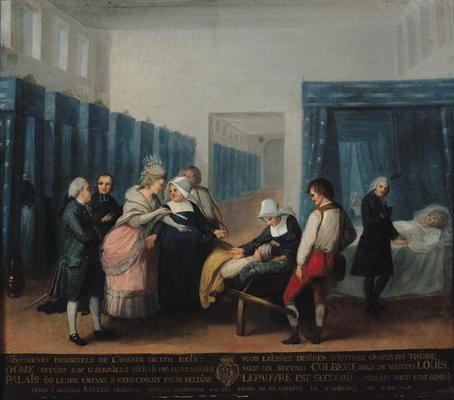 The Visit of Monsieur and Madame Necker to the Hopital de la Charite, 1780 (oil on canvas) à Ecole Française, (18ème siècle)