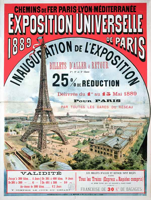 Poster advertising reduced price train tickets to the Exposition Universelle of 1889, from the Chemi à Ecole Française, (19ème siècle)