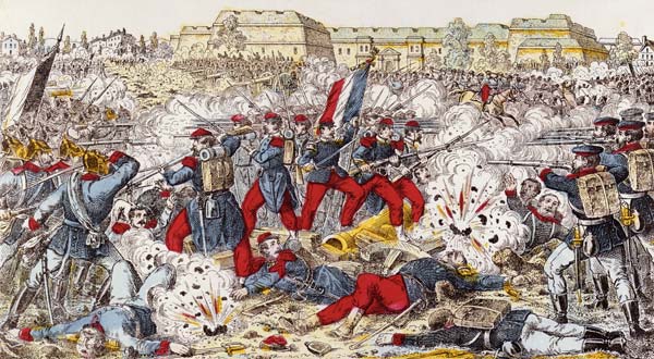French Troops Encircled by the Prussian Army at the battle of Sedan, 31st August 1870 (colour litho) à Ecole Française, (19ème siècle)