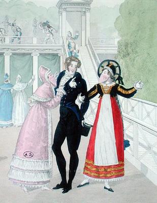 A dandy being courted by two masked women, from the series Le Bon Genre (hand-coloured engraving) à Ecole Française, (19ème siècle)