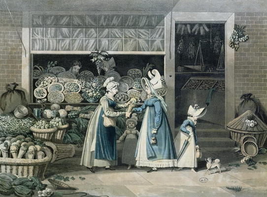 A Parisian Greengrocer's shop, early 19th century (colour litho) à Ecole Française, (19ème siècle)
