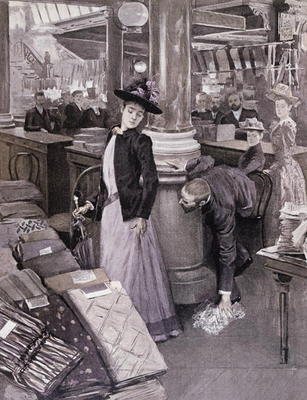 A Thief in a Department Store in Paris, illustration from 'Paradis des Dames', c.1895 (litho) à Ecole Française, (19ème siècle)