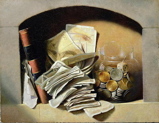 A trompe l'oeil of paper money, coins and a broken glass jar in a niche (oil on canvas) à Ecole Française, (19ème siècle)