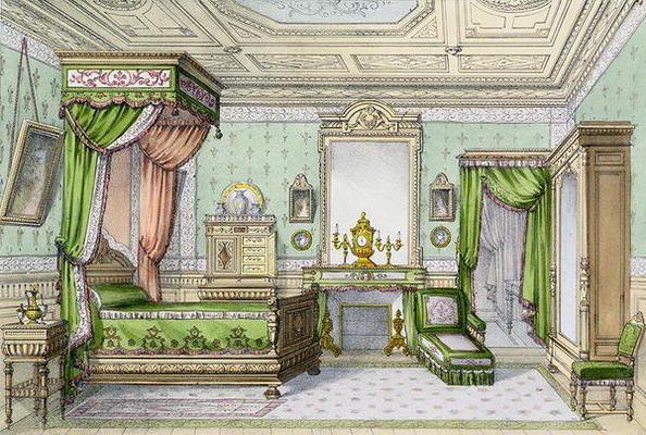Bedroom in the Renaissance style (colour litho) à Ecole Française, (19ème siècle)