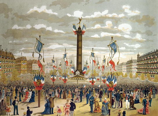Celebration of the Quatorze Juillet at the Place de la Bastille, Paris, 14th July 1880 (colour litho à Ecole Française, (19ème siècle)
