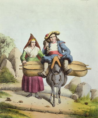 Cheese sellers from the Tarbes region, c.1840 (colour engraving) à Ecole Française, (19ème siècle)