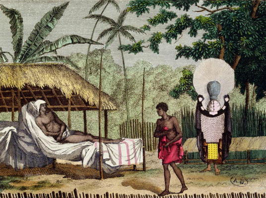 Funeral and mourning rites in Tahiti, 1811 (coloured engraving) à Ecole Française, (19ème siècle)