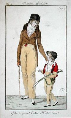 High necked waistcoat and short morning coat, from Costumes Parisiens, 1801 (coloured engraving) à Ecole Française, (19ème siècle)