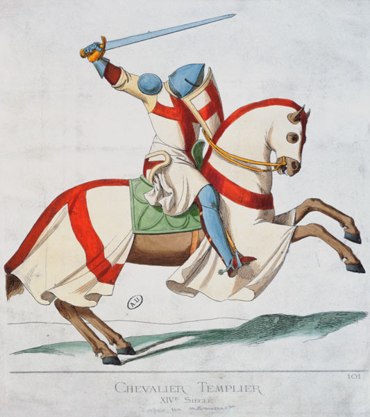 Illustration of a Knight Templar, after a 14th century manuscript (coloured engraving) à Ecole Française, (19ème siècle)