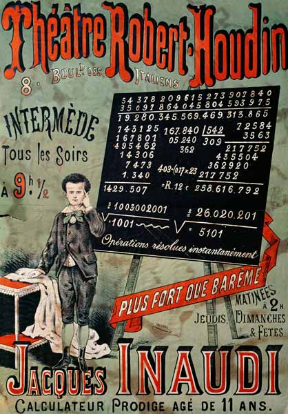 Poster advertising an appearance of Jacques Inaudi (1867-1939) at the Theatre Robert Houdin, Paris, à Ecole Française, (19ème siècle)
