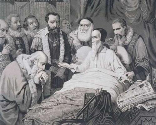 John Calvin (1509-1564) on his Death Bed (engraving) à Ecole Française, (19ème siècle)