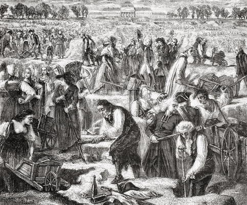 Labourers working in the Champ de Mars (litho) à Ecole Française, (19ème siècle)