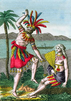 Native inhabitants of the Marquesas Islands, illustration from 'Histoire des Voyages Autour du Monde à Ecole Française, (19ème siècle)