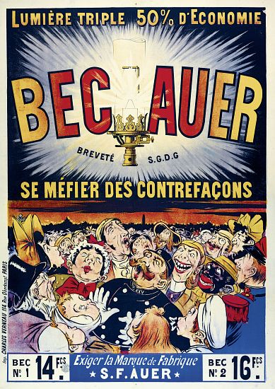 Poster advertising 'Becauer' petroleum lamps, printed by Charles Verneau à Ecole Française, (19ème siècle)