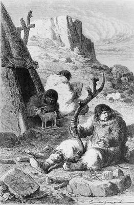 Prehistoric artists, from 'L'Homme Primitif' by Louis Figuier, published Hachette, 1870 (engraving) à Ecole Française, (19ème siècle)