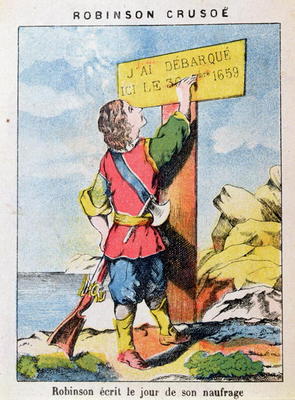 Robinson Crusoe Writes the Date of the Shipwreck (colour litho) à Ecole Française, (19ème siècle)