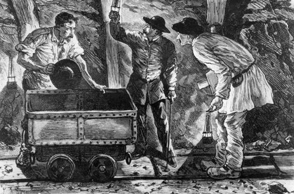 Scene in a coal mine, illustration from 'Germinal' by Emile Zola (1840-1902), 1886 (engraving) (b/w à Ecole Française, (19ème siècle)