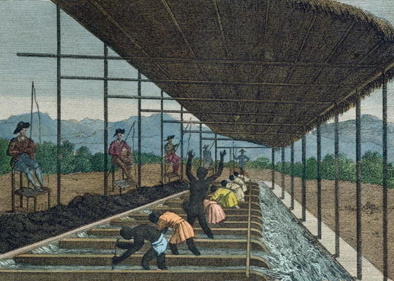 Slaves washing 'cascalho' as part of the diamond mining process in Brazil, 1811 (coloured engraving) à Ecole Française, (19ème siècle)