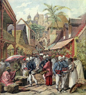 The Madagascar Expedition, French soldiers in a street in Tananarive, from 'Le Petit Journal', 27th à Ecole Française, (19ème siècle)