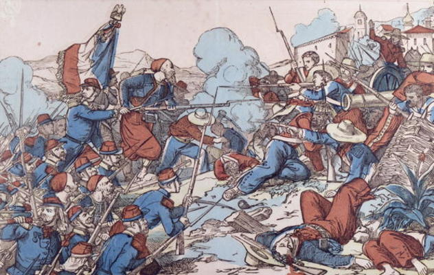 The Taking of Puebla, Mexico by the French, 1863 (coloured engraving) à Ecole Française, (19ème siècle)