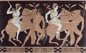 Men in combat with Amazons mounted on horseback, after an antique Greek vase (colour litho)