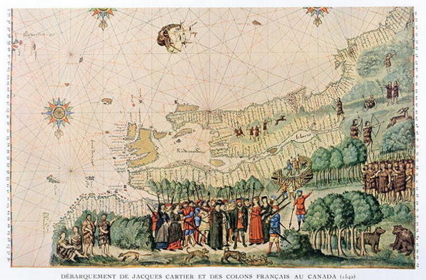 Jacques Cartier (1491-1557) and French colonists disembarking at Quebec in 1542 (colour litho) à Ecole Française, (20ème siècle)