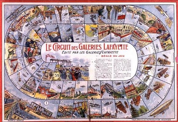 'Le Circuit des Galeries Lafayette': Game of Snakes and Ladders before 1914 (colour engraving) à Ecole Française, (20ème siècle)