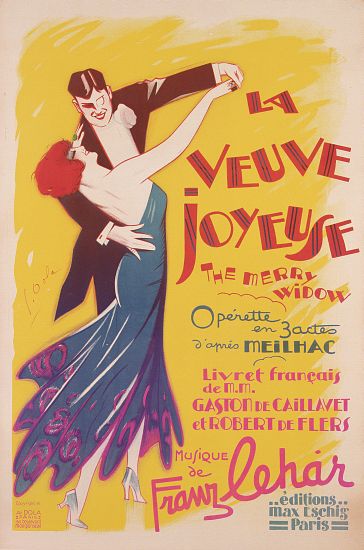 Poster advertising a production of the 'Merry Widow', by Franz Lehar , printed by Dola, Paris à Ecole Française, (20ème siècle)